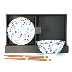 Japanese Bowls & Chopsticks Set - White Dragonfly