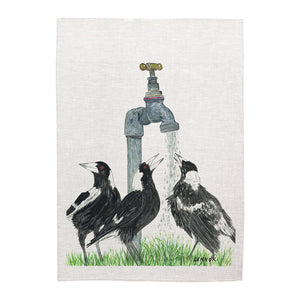 Linen Tea Towel - Australia - Magpies Drinking