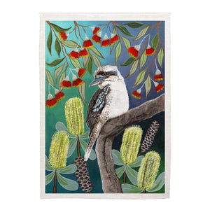 Linen Tea Towel - Australian Birds & Flora - Kookaburra