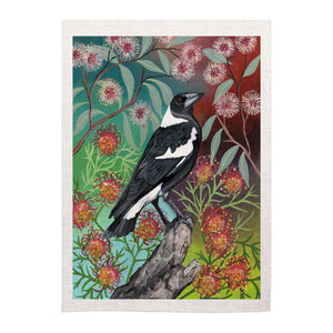 Linen Tea Towel - Australian Birds & Flora - Magpie