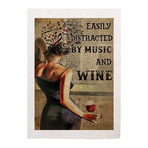 Tea Towel - Easily Distracted By Music & Wine - Woman