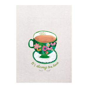 Tea Towel - It's always tea time - green floral cup